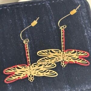 Artisan Gold and Red Dragonfly Earrings